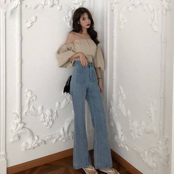 

mom jeans denim solid ladies elegant wide leg pant high waist womens trousers boyfriends loose bottoms basic classic streetwear, Blue