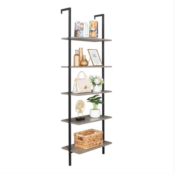 

2021 Storage Holders & Racks 5-Shelf Bookcase with Metal Frame Industrial 5-Tier Modern Ladder Shelf Wood ShelvesGray