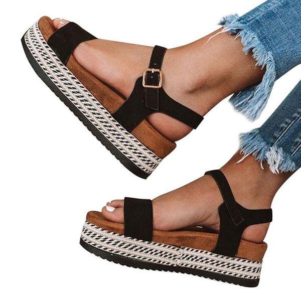 

dress shoes women high flat platform sandals straw thick bottom ladies peep toe beach belt buckle summer woman, Black