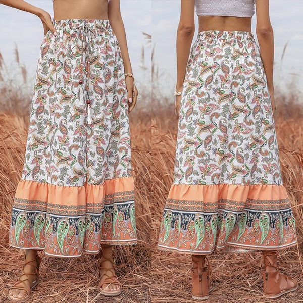 

skirts 2021 casual bohemian women summer fashion print slim maxi, Black