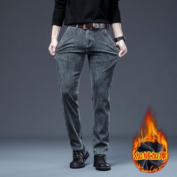 

men's jeans winter fleece thick straight style warm and comfortable blue-black denim trousers male clothing