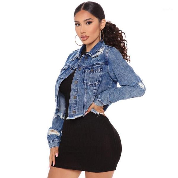 

ripped jeans coat women turn down collar buttons novelty casual tassel denim short jacket women's jackets, Black;brown