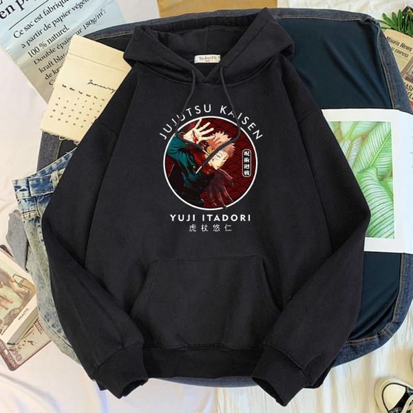 

women's hoodies & sweatshirts hoodie women jujutsu kaisen itadori yuji anime print long sleeve woman casual loose warm fleece sweatshir, Black