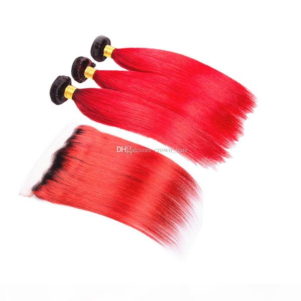

ombre color #1b red ear to ear frontal with silky straight 3bundles dark roots red virgin human hair weaves with frontal 13x4, Black