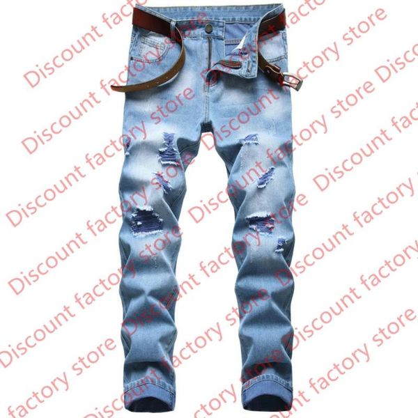 

mens autumn winter male ripped light blue straight jeans pants casual fashion slim non stretch cotton denim trousers