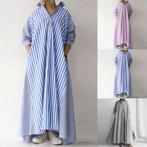 

casual dresses large plus size loose dress oversize women long sleeve pocket stripe button neck shirt ankle vacation leisure, Black;gray
