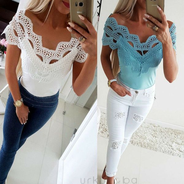 

women lace hollow out v-neck cold shoulder crop t-shirt blouse tea, White