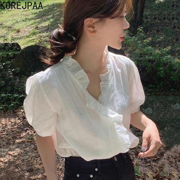 

women's blouses & shirts korejpaa women shirt 2021 summer korean chic gentle v-neck ruffle stitching single-breasted loose all-match pu, White