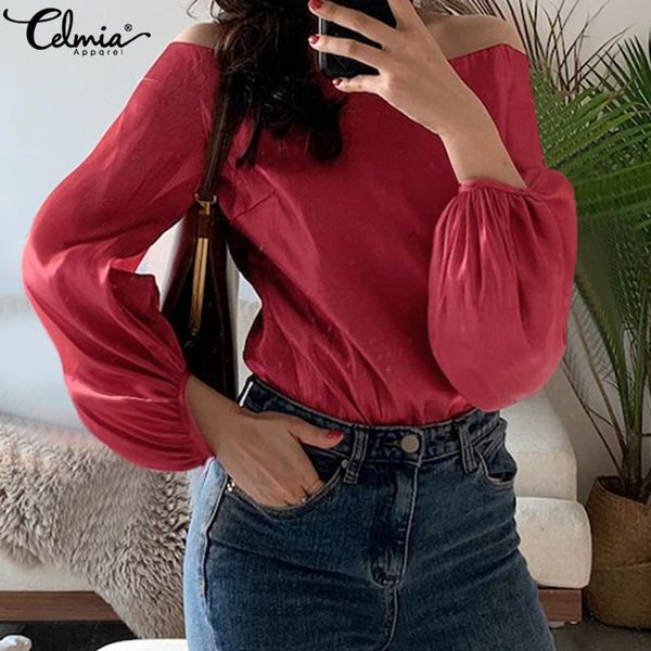 

women's blouses & shirts celmia women off shoulder satin 2021 summer shirt lantern sleeve casual solid elegant office lady slik blu, White