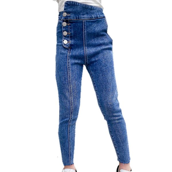 

2021 new spring jeans girls button breeches from children's elastic waistband children pencil pants casual fall clothes for girl 6 8 10, Blue