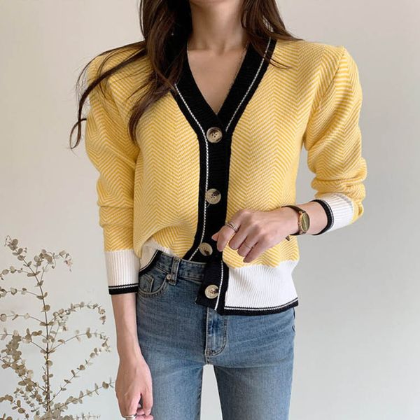

2021 spring female elegant v-neck single breasted for womenlong sleeve textured cardigan sweater slim knitted striped coat, Black;brown