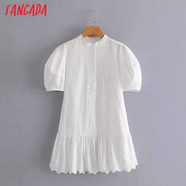 Tangada Estate Donna Stile Francese Abito in pizzo bianco Soffio Manica corta Donna Abito corto in cotone Abiti 2G15 210609