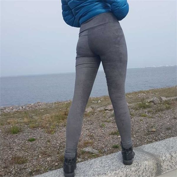 

suede leather women leggings high waist large elastic slim retro pants for k80 211218, Black