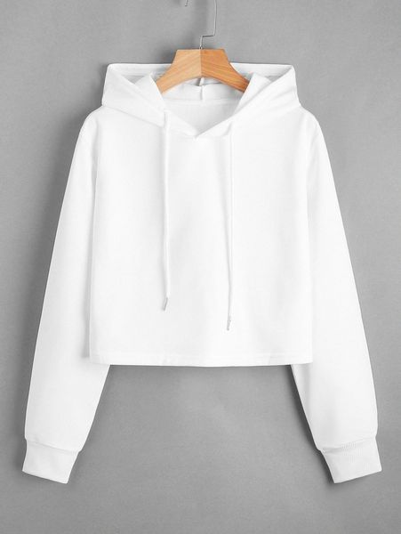 

solid drawstring crop hoodie 915g#, White;black