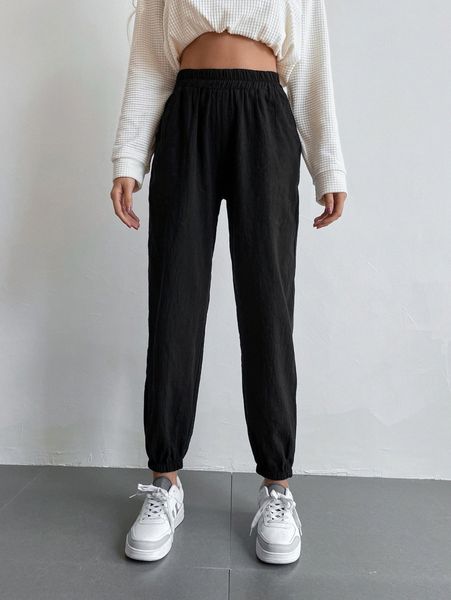

elastic waist solid pants b71w#, Black;white