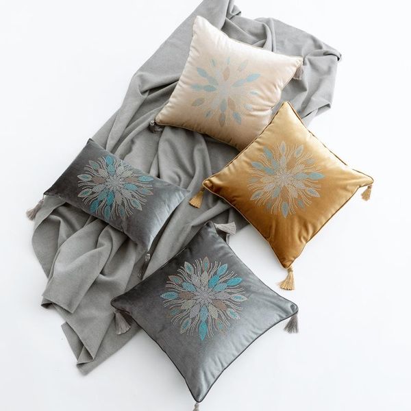 

30x50/45x45/50x50/60x60cm solid velvet fix stone flower cushion cover pillowcase with tassel sofa custom lumbar pillow cover