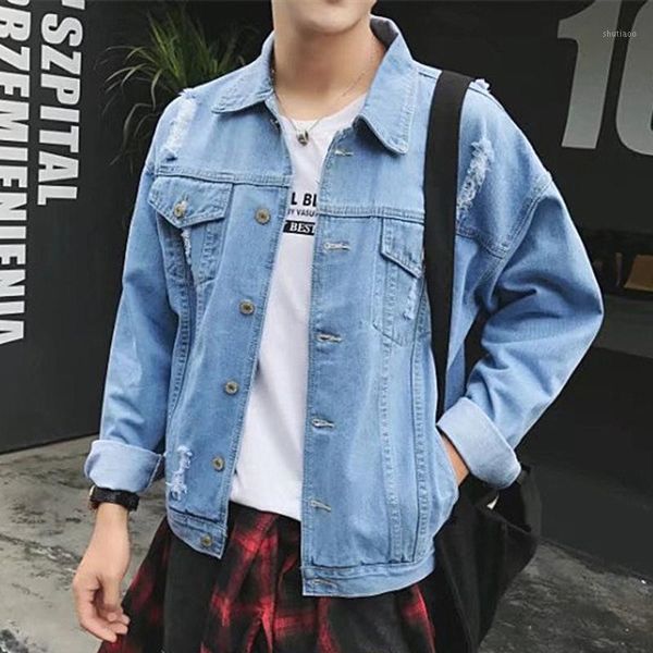 

men's jackets couple denim jacket male korean student loose hole spring autumn 2021 japanese trend wild bf ripped teenagers gown coat, Black;brown