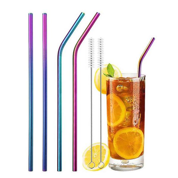 

drinking straws reusable metal with cleaning brush 304 stainless steel colorful straight bent straw kitchen bar party accessorie
