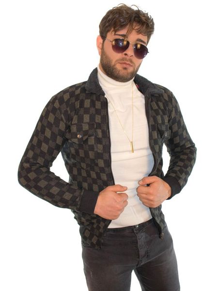 

men's jackets kulemoda khaki square pattern zipper closure woven jacket with circles, Black;brown
