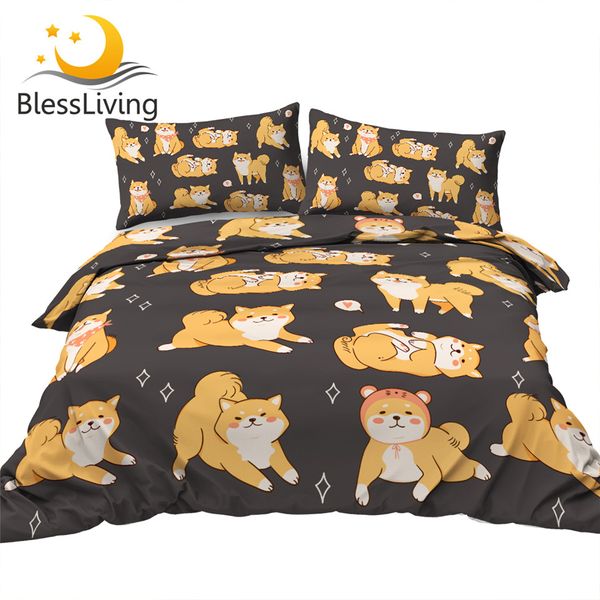 Blessleving Shiba Inu Set biancheria da letto Kawaii Dog Bed Bed Set per bambini Copertura piumino animale Stampa dei cartoni animati Divertente Bedclothes Queen 3pcs C0223