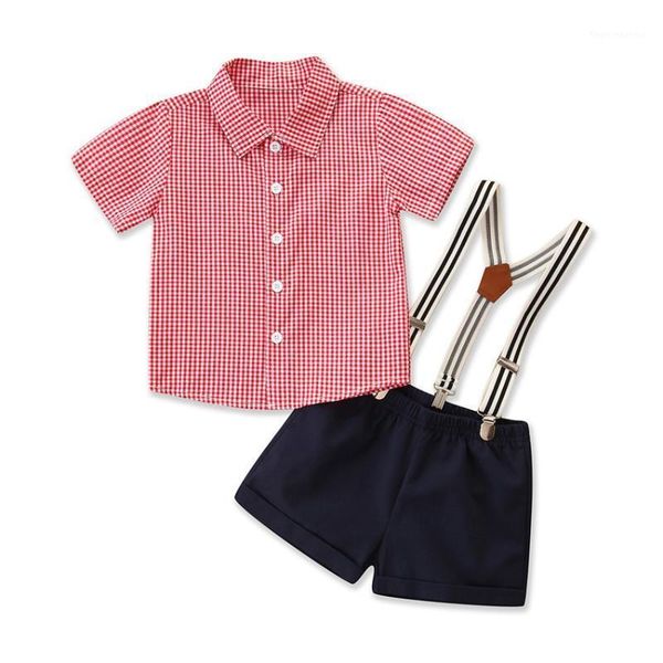 

clothing sets toddler kids clothes littler boy outfit summer red white plaid shirt + navy shorts belt fashion infant children kit suit1