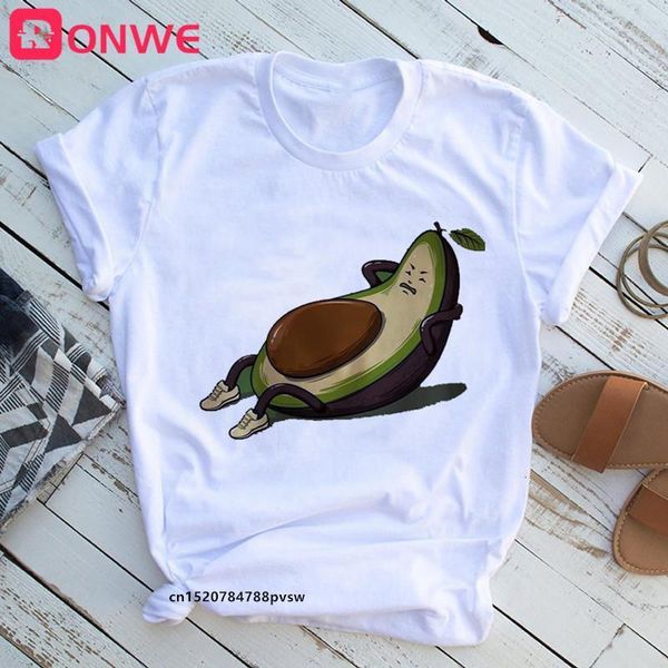 

women's avocado sit-ups funny kawaii cartoon t shirt girl ullzang small fresh t-shirt 90s graphic fashion tshirt drop ship, White