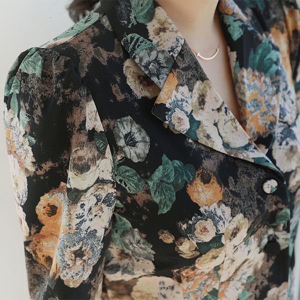 

2021 spring floral summer printed shirt turn down collar long sleeve single-breasted ladies coat party dress 9ps1, White