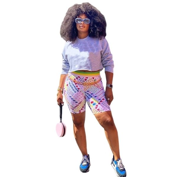 

women pullover tshirt shorts sport suit long sleeve tracksuit crop t-shirt and colored heart shorts pants two piece sets outfits h2riwd, White