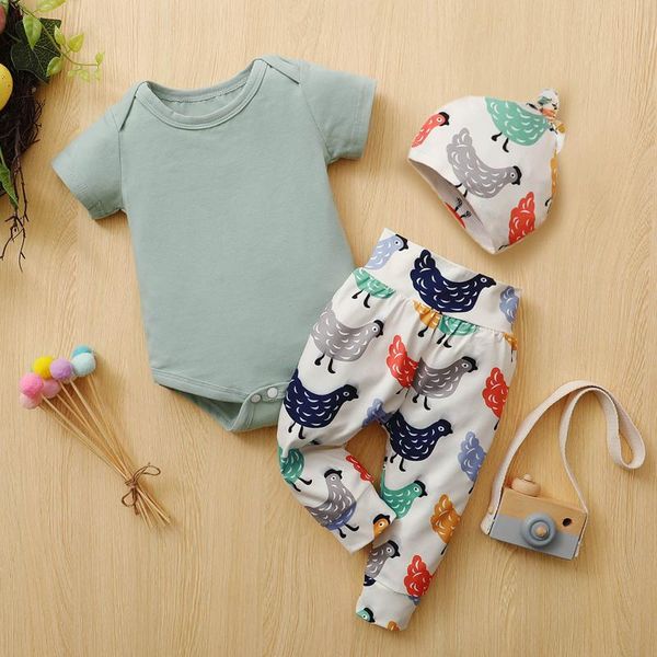 

born clothes baby romper infant boys girls bodysuit+cartoon chicken printed pants hat outfits bodysuit#35 clothing sets, White