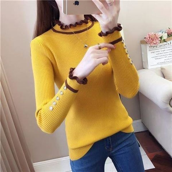 

ruffled turtleneck knitted striped sweater women autumn winter pullover casual long-sleeved buttons korean slim female 201130, White;black