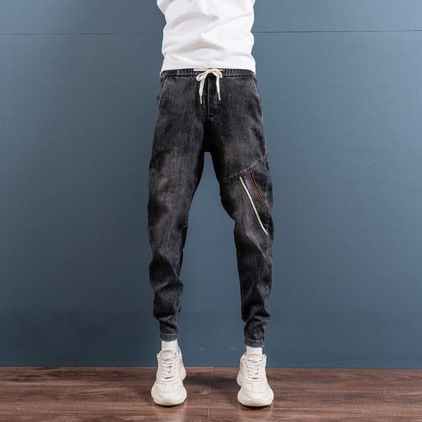 

spring and autumn blue stretch casual jeans men's slim trend versatile small leg harem pants drawstring legged pants