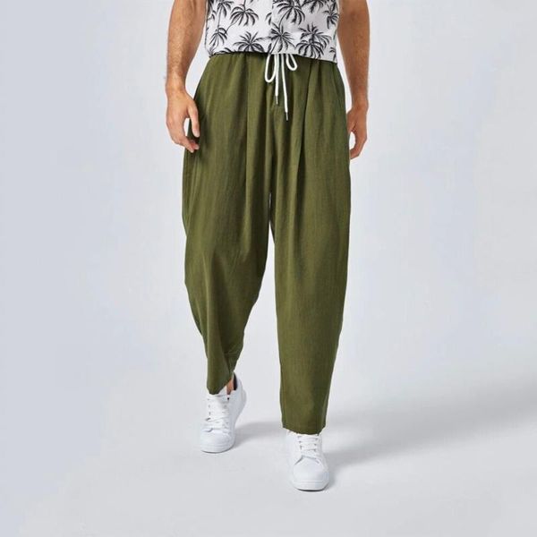 

men's pants clothing casual autumn solid color loose with rope cotton and linen trousers male jogging sweatpants, Black