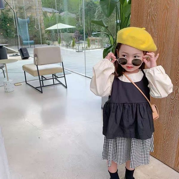 

spring girls' splicing two piece 2021 new long sve drs children's fashion plaid suit skirt, White