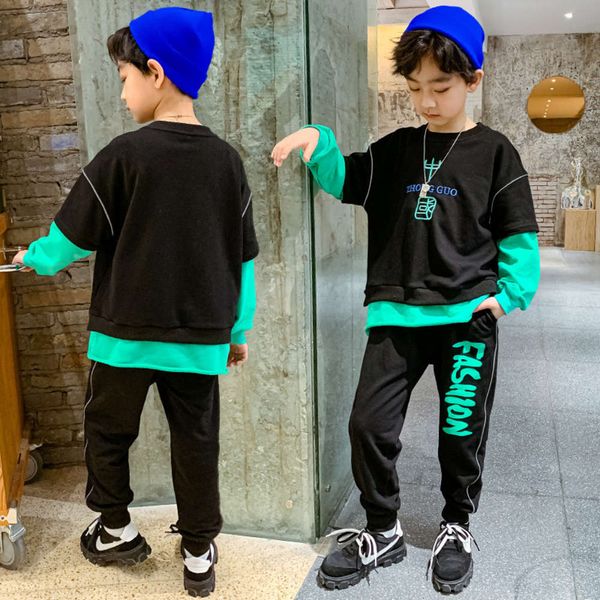 

color children's style matching letter fashion black true sweater suit 2021 boys' spring casual sportswear, White