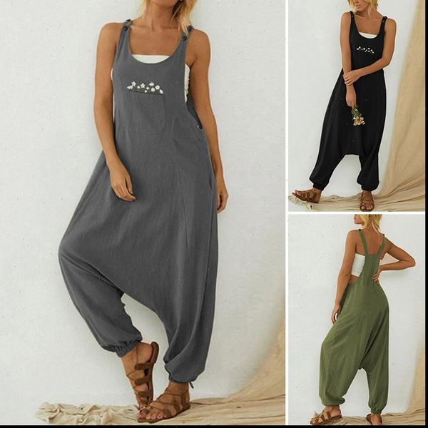 

summer women jumpsuits solid casual loose harem playsuits o neck embroidery overalls front pockets sleeveless rompers 5xl, Black;white