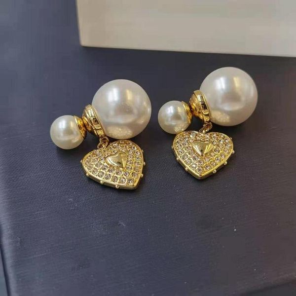 

stud fashion brand designer vintage elegant heart pearl original earrings love crystal eardrop women party wedding jewelry gift, Golden;silver