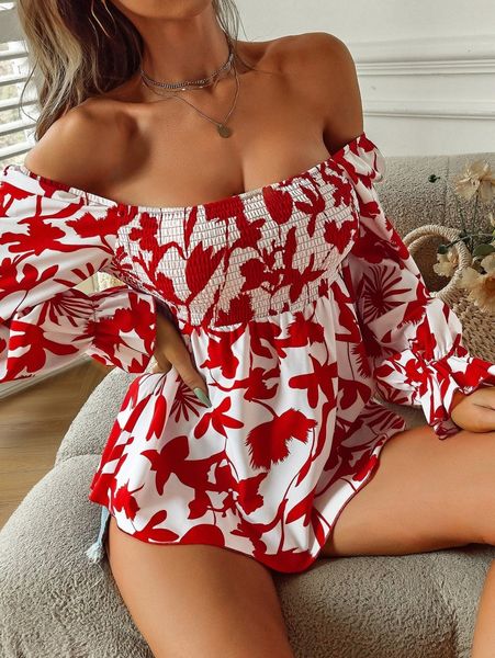 

floral print shirred flounce sleeve blouse l79g#, White