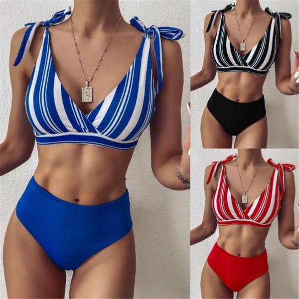 

women's swimwear summer ladies split bikini set adults women fashion red/blue/black white striped pattern high waist lace up, White;black