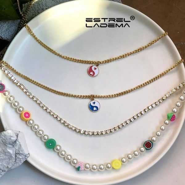 

chains bohemian multilayer imitation pearl fruit beads strand necklace for women enamel yin yang crystal chain beaded necklaces jewelry, Silver