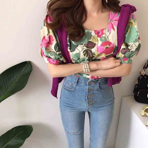

elegant summer lantern women's blouse fashion ladies print square collar shirts rvdb, Black;white