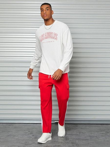 

men letter graphic tee & drawstring pocket detail sweatpants set e05m#, Gray