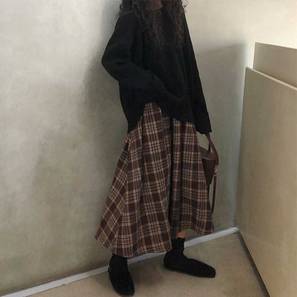 

skirts autumn winter long plaid women japanese harajuku female saias vintage school girl high waist a-line midi skirt ec7g, Black