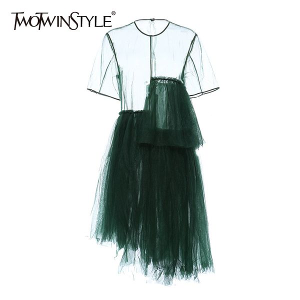 

twotwinstyle vintage asymmetrical women dress o neck short sleeve high waist irregular hem dresses for female fashion clothing 210302, Black;gray