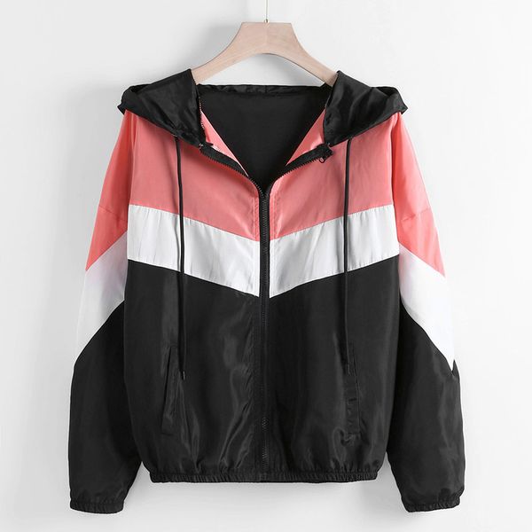 

jas 2021 summer new women stitches long mouths capuchon casual size rits contrast color windjacket, Black;brown