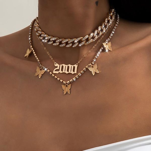 

salircon vintage number butterfly pendant necklace for women kpop luxury crystal tennis chain necklace goth choker jewelry gift, Silver