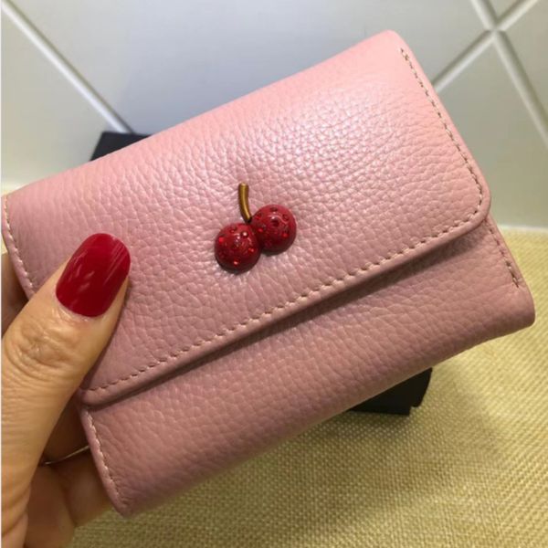 

women three-fold wallet short small layer cherry wallet cowhide new first ins 2021 wallet fresh buckle leather dslle lianquan004, Red;black