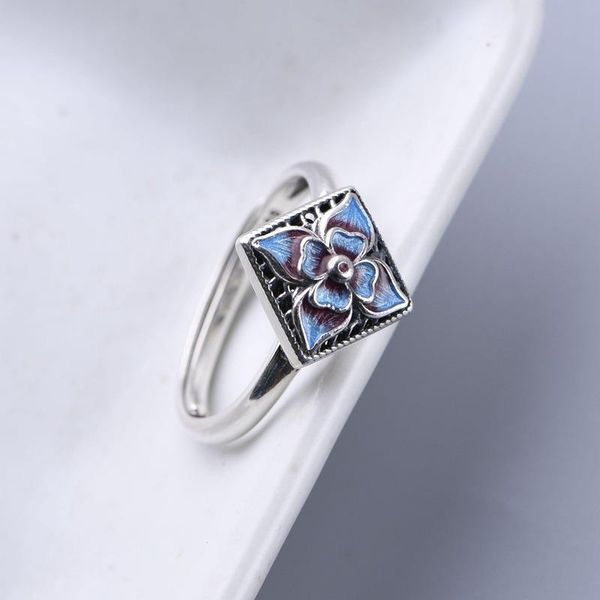 

cluster rings original cloisonne enamel porcelain flower opening adjustable ring chinese retro designer craft pendant female silver jewelry, Golden;silver