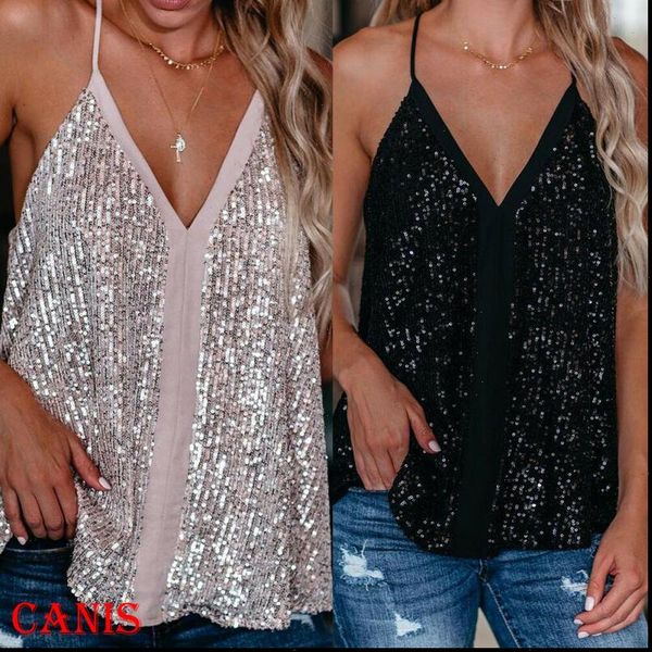 

2021 summer women casual camisole v neck sequins strappy tank vest sleeveless solid blouse tee female clothing, White