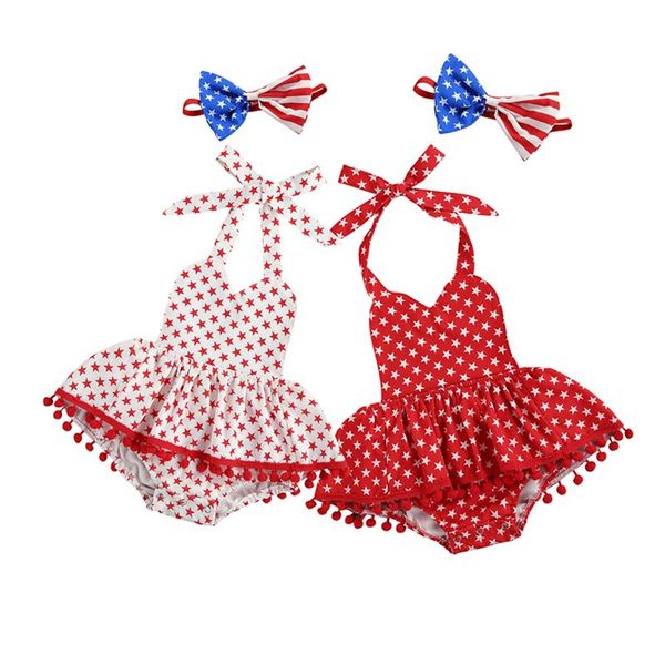 

rompers 2 pcs born independence day outfit baby girl sleeveless tie up pentagram print halter bodysuit with pompom + bowknot headband, Blue