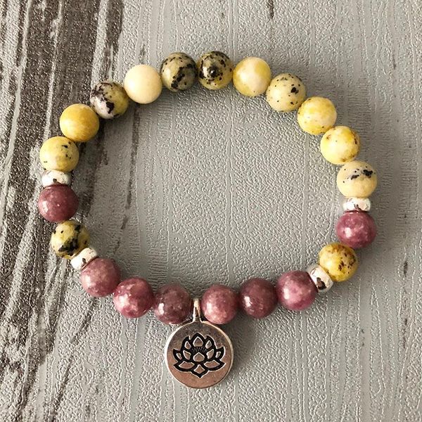 

tennis lotus charm mala yoga bracelet women stones tourmaline stretch yellow beads for wife gift buddhist spirituality, Golden;silver